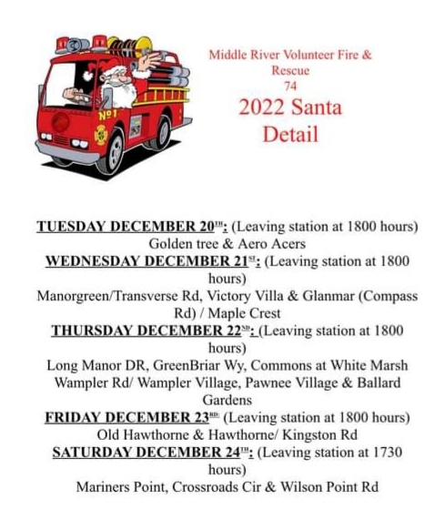 Middle River Volunteer Fire and Rescue Announces 2022 Santa Detail